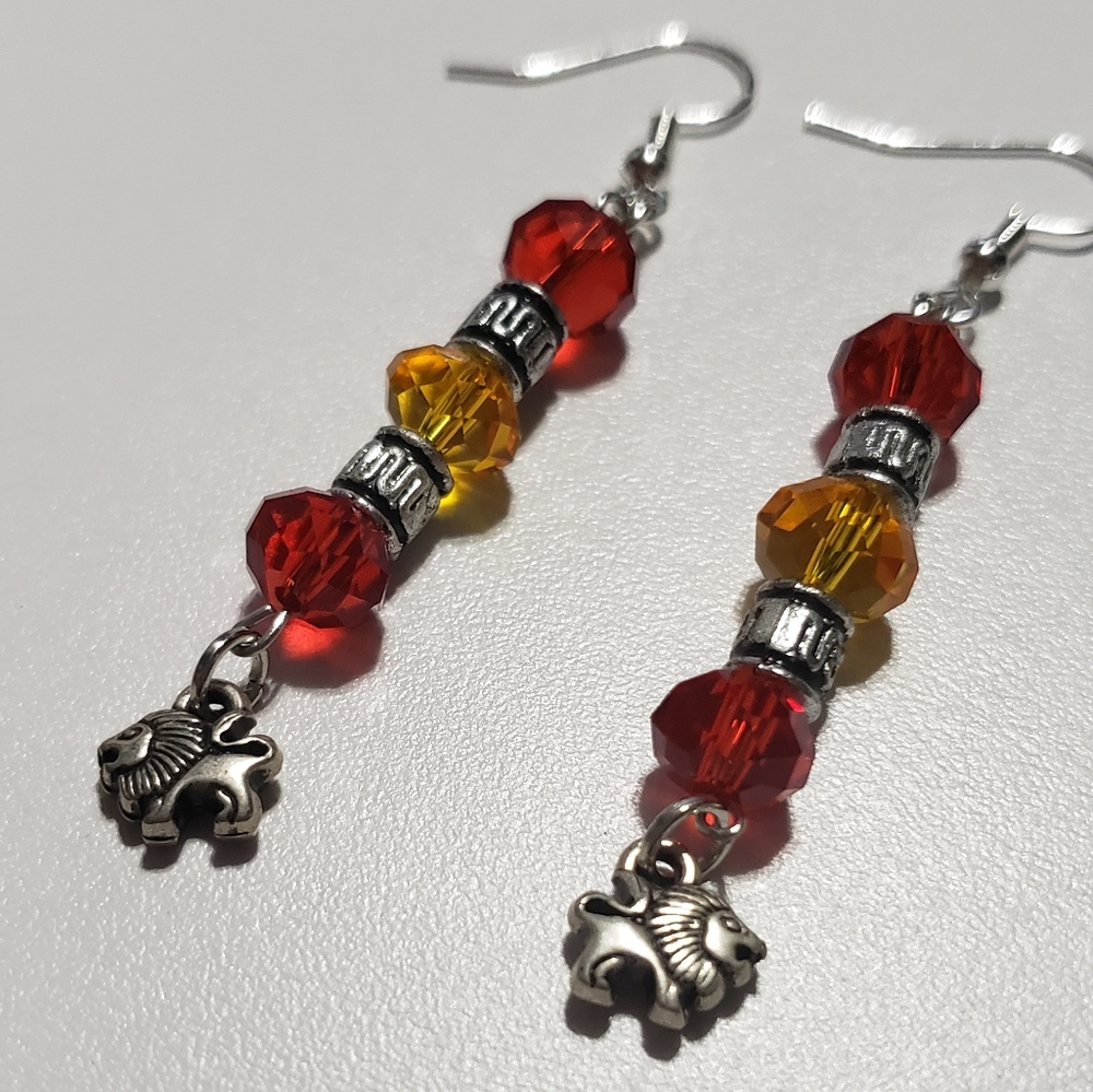 Red, Orange & Silver Lion Earrings - Picture 2 of 5